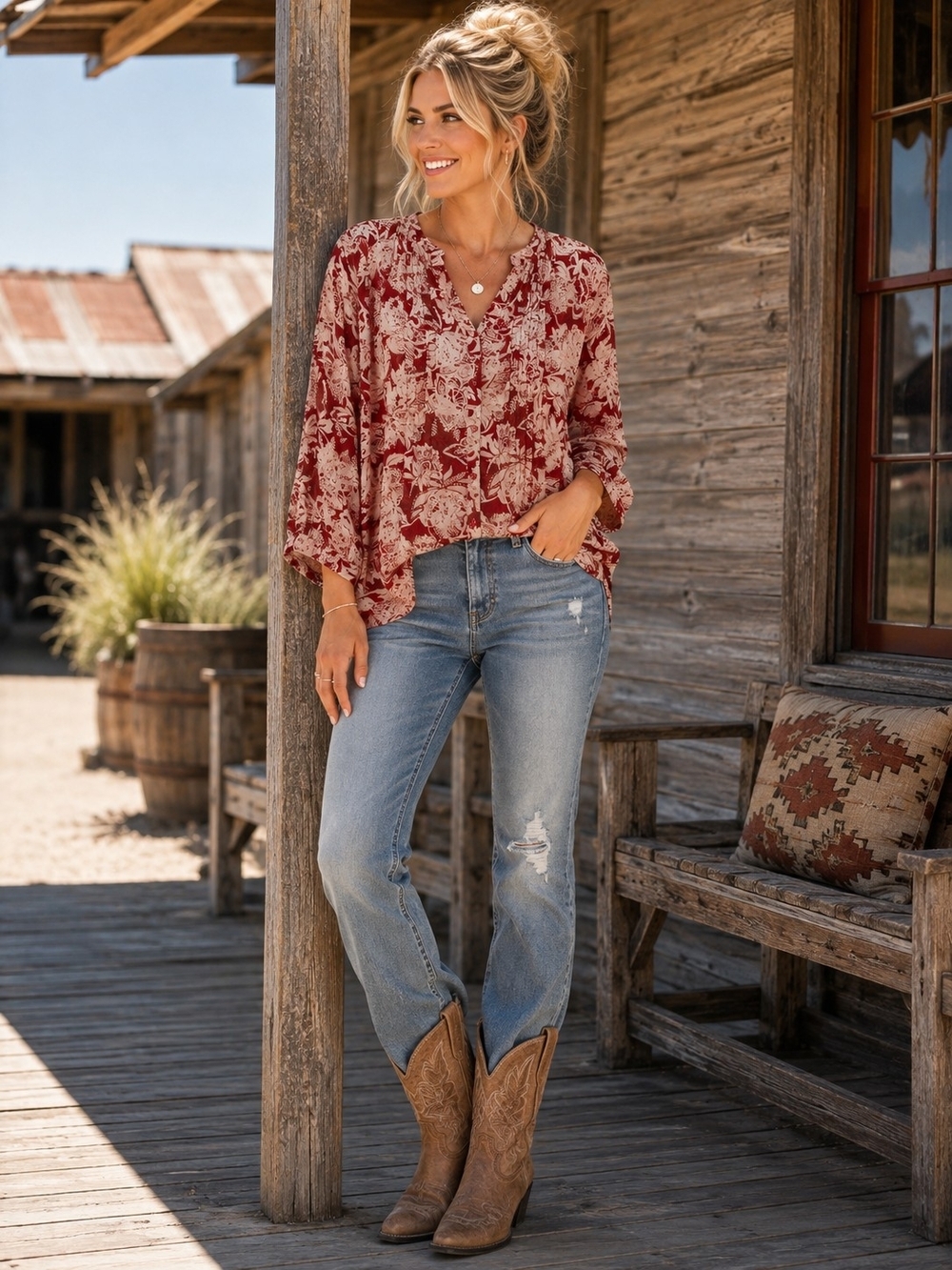 Bit & Bridle Red Floral Henley Blouse | Boho Cottagecore Lightweight Button